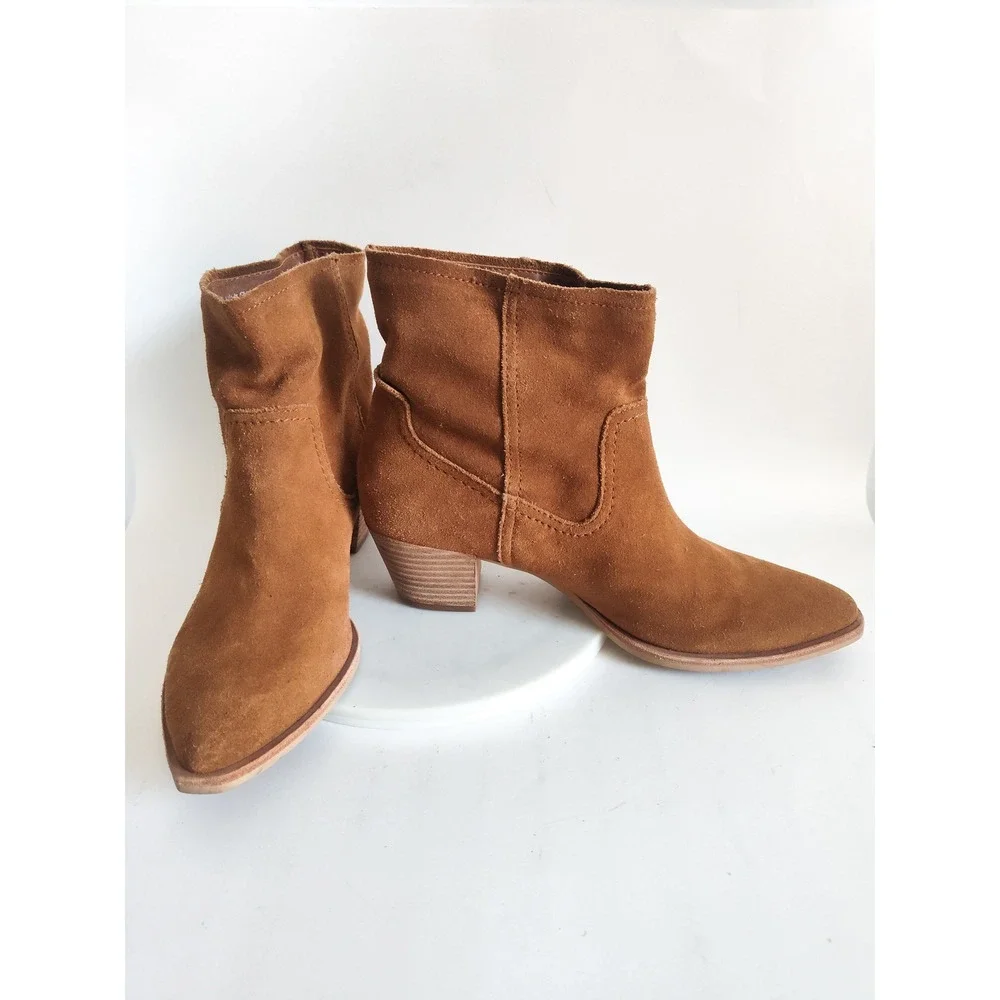 Dolce Vita Suede Ankle Boots 8.5 Cognac Brown Western Boho Pointed Toe Booties